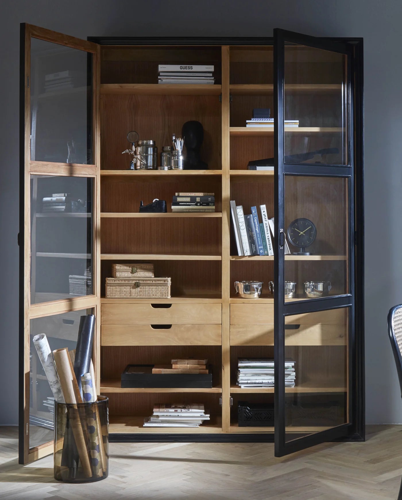 Nordal VIVA cabinet w/glass doors+drawers black